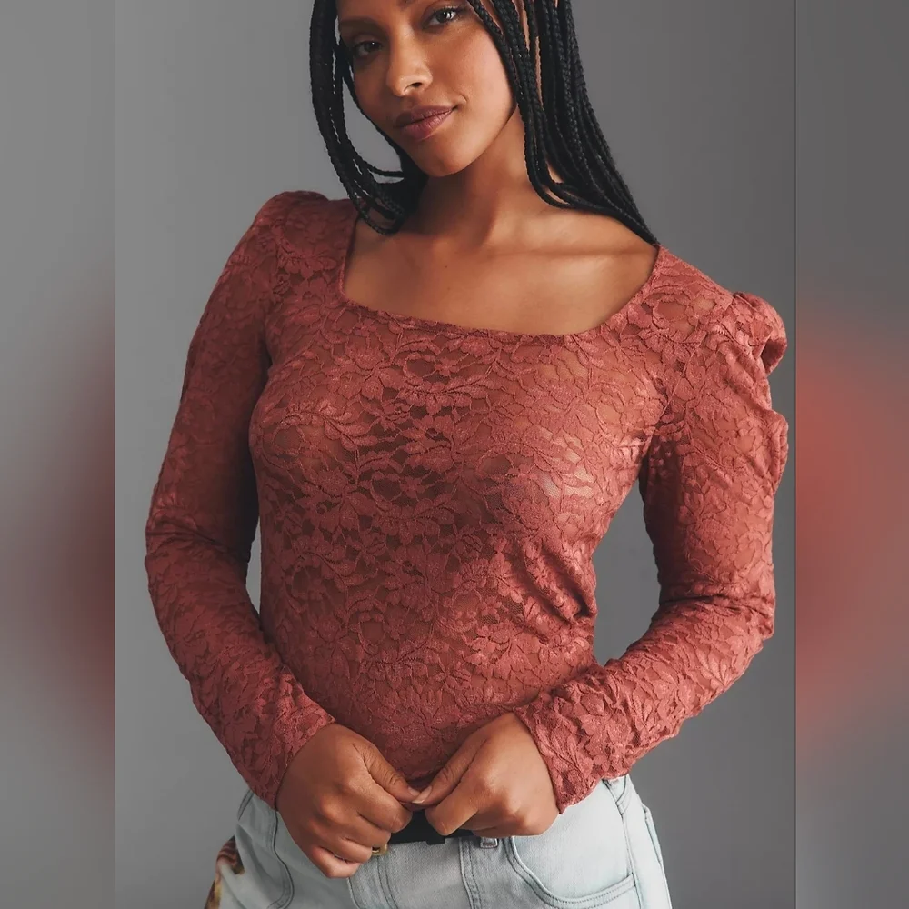 Anthropologie Puff-Sleeve Sheer Lace Top Dusty Pink